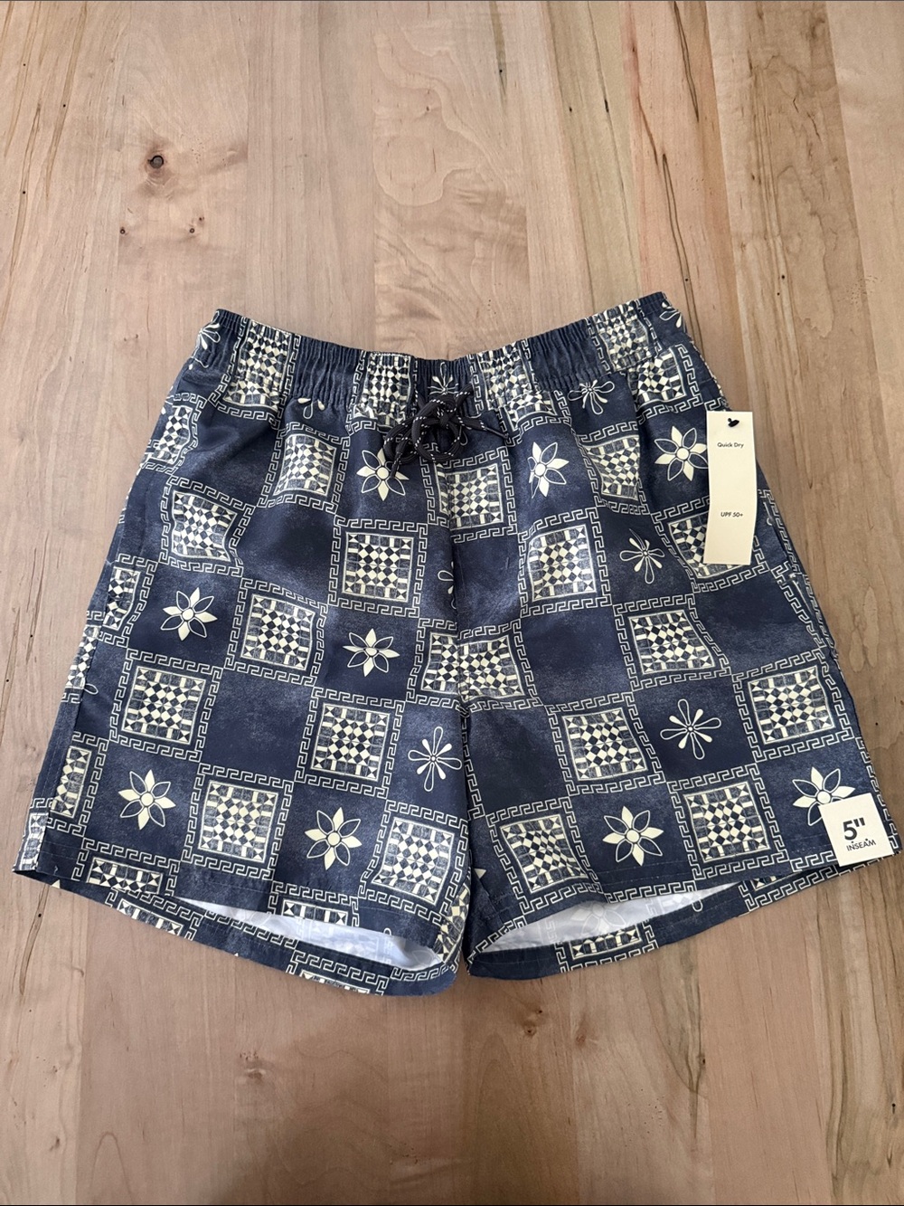 No Boundaries Navy and Cream Patterned Swim Trunks